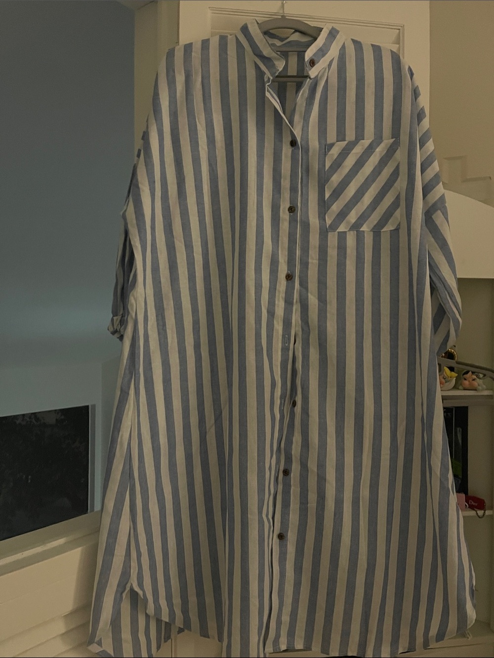 Blue and White Striped  Button-Up Dress free size